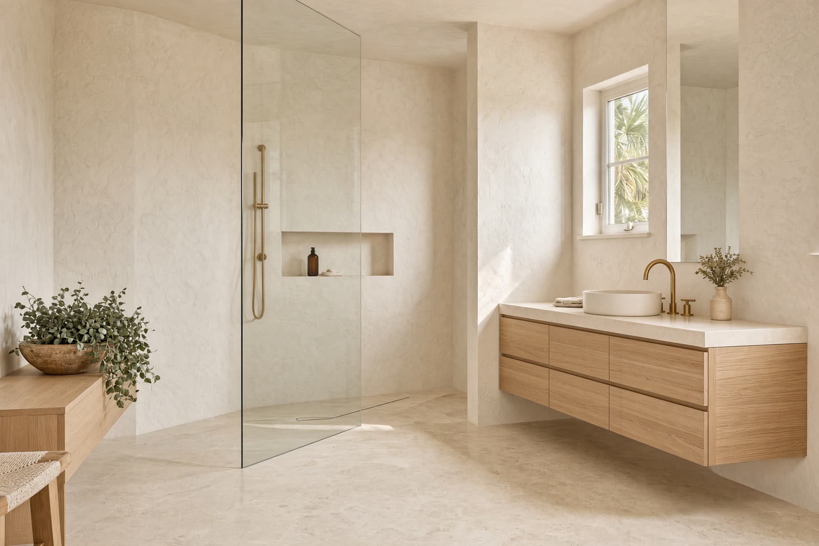 Curbless bath in the ChampionsGate house, with a low vanity.