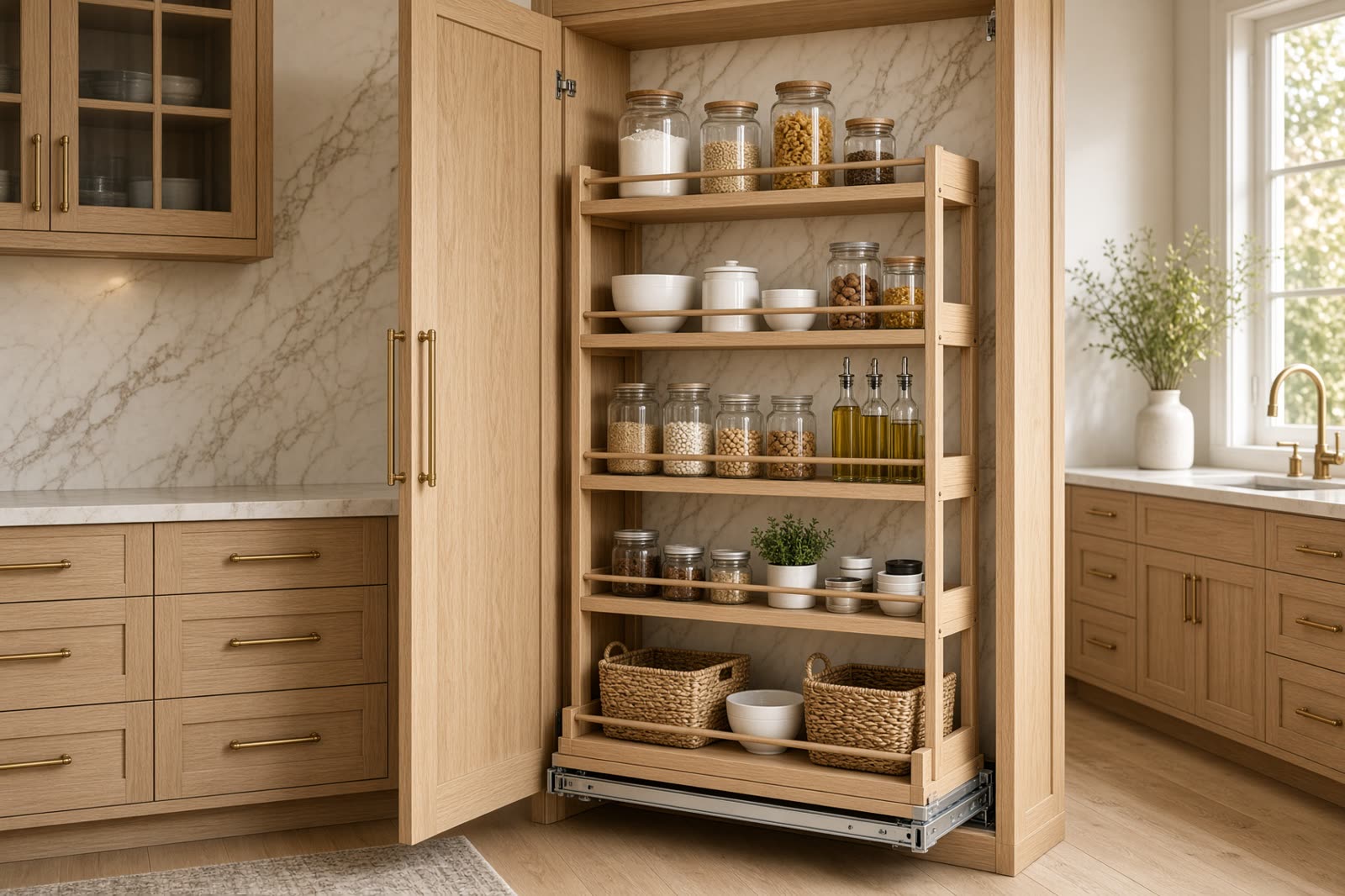 Rolling pantry in the ChampionsGate kitchen, shelves pulled out.